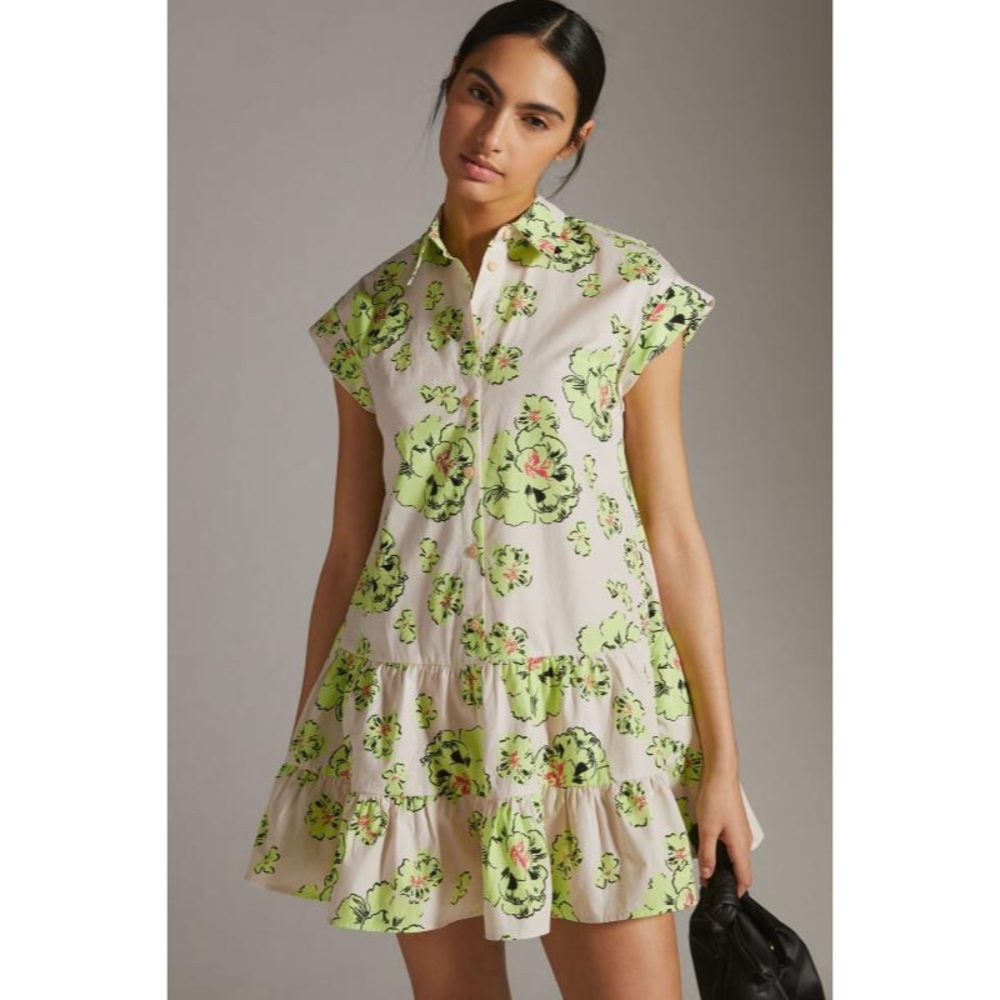 Anthropologie Floral Dress in White and Green
